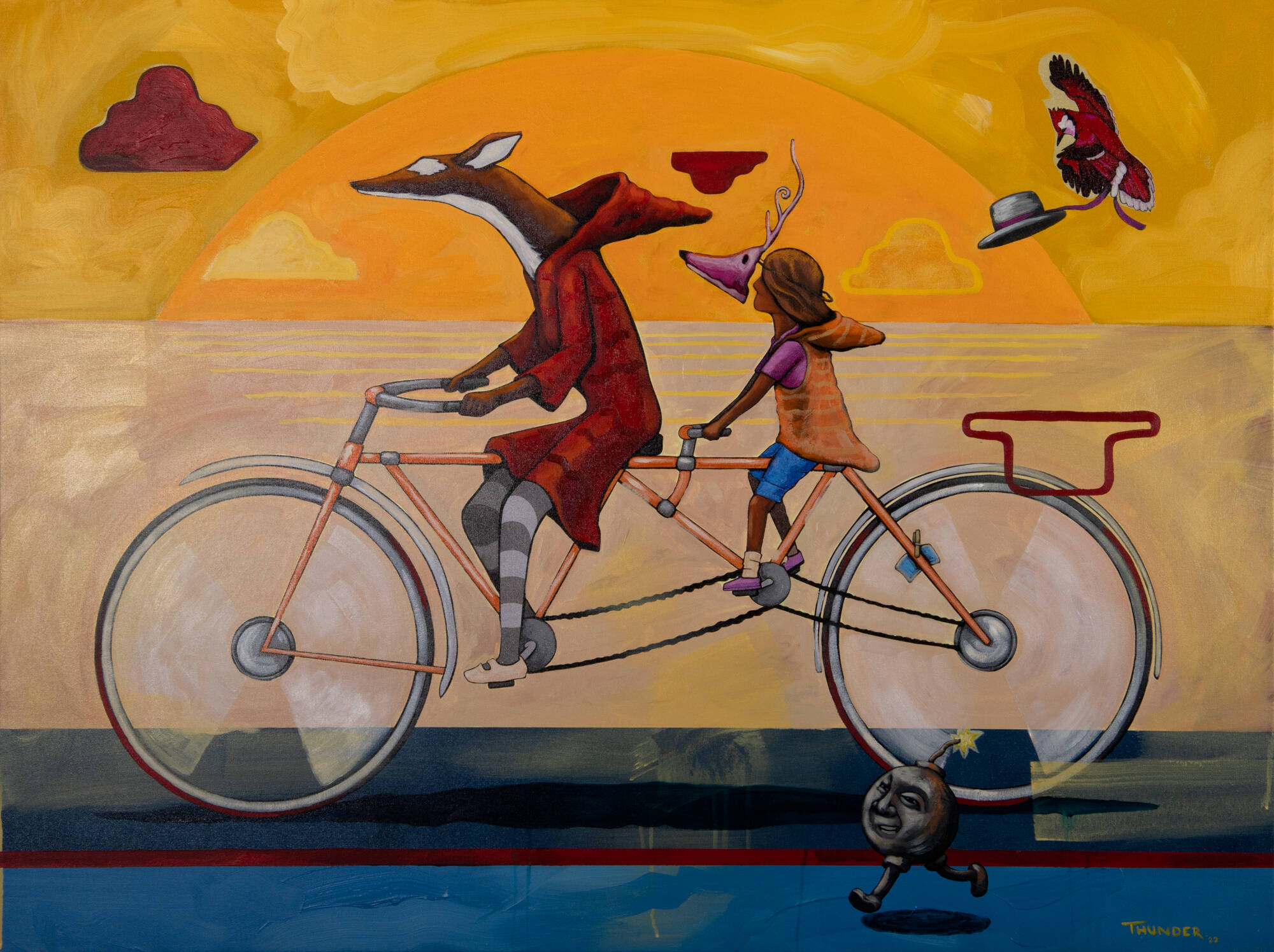 A painting of an animal and a child riding an orange tandem bike that is facing to the left in front of a sunset reflecting on water.